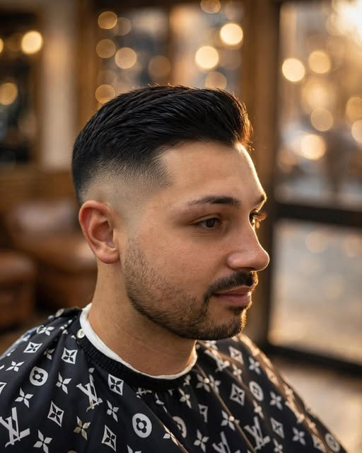 A close-up of a fresh fade and shaped beard at LUXURIOUS BARBER ON HAY.