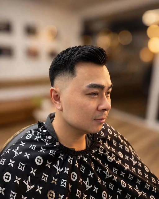 A finished short haircut with a clean side fade, photographed at LUXURIOUS BARBER ON HAY.