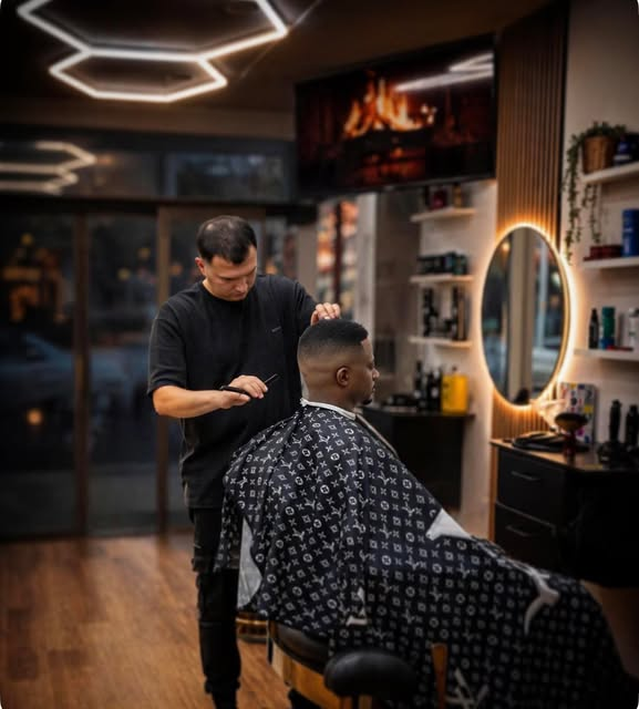 The barber working on a haircut inside LUXURIOUS BARBER ON HAY, with warm timber flooring and geometric ceiling lights.